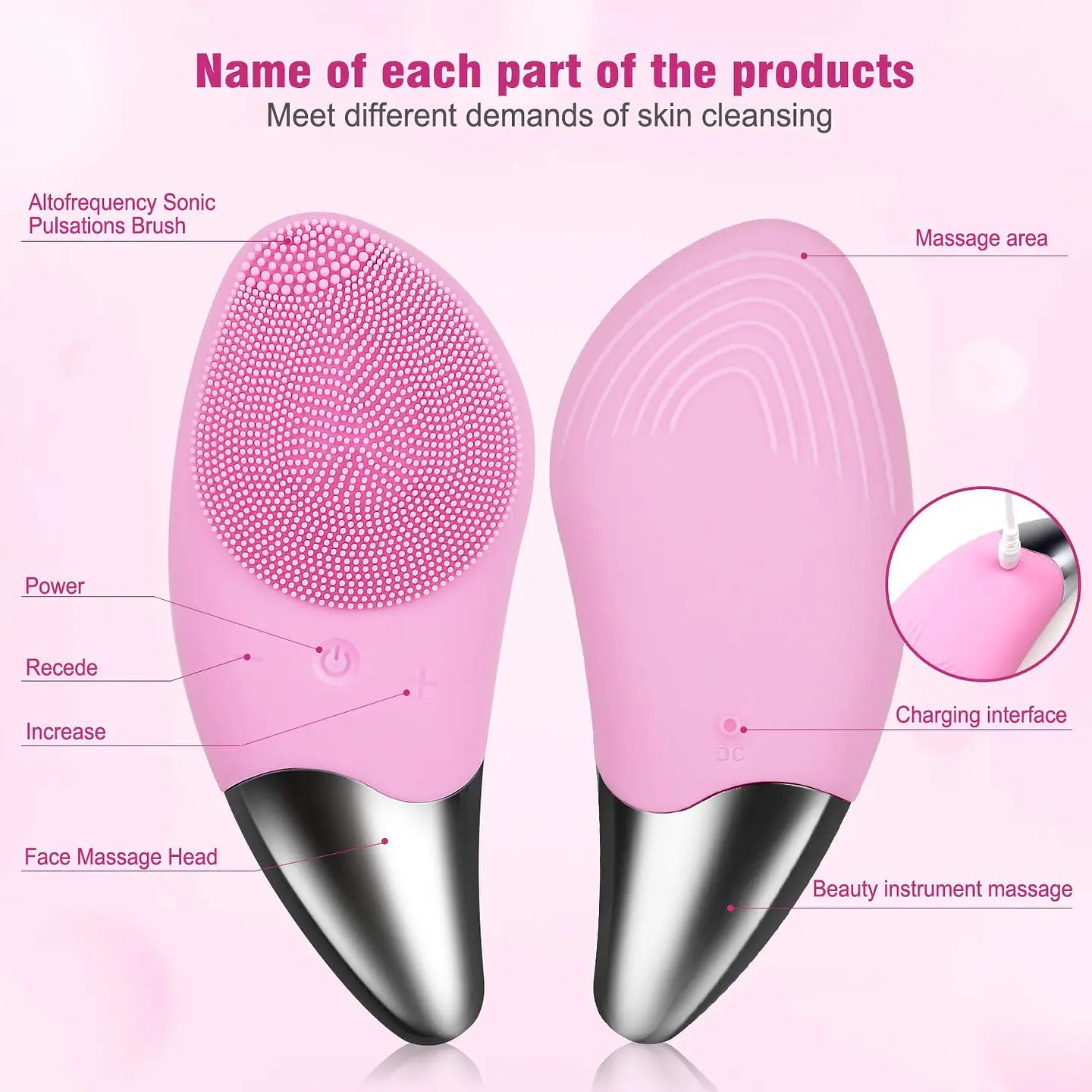 Masajeador Limpiador Facial Sonic Facial Brush Usb Rosado 3