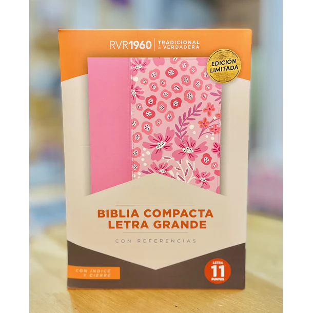 Biblia Compacta Letra Grande RVR60 Con Índice y Cierre Rosa Floral 1