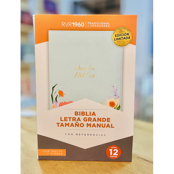 Biblia Tamaño Manual Letra Grande RVR60 Con Índice y Cierre Menta Floral 1