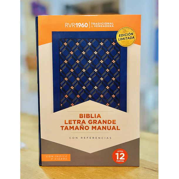 Biblia Tamaño Manual Letra Grande RVR60 Con Índice y Cierre Azul Marino 1