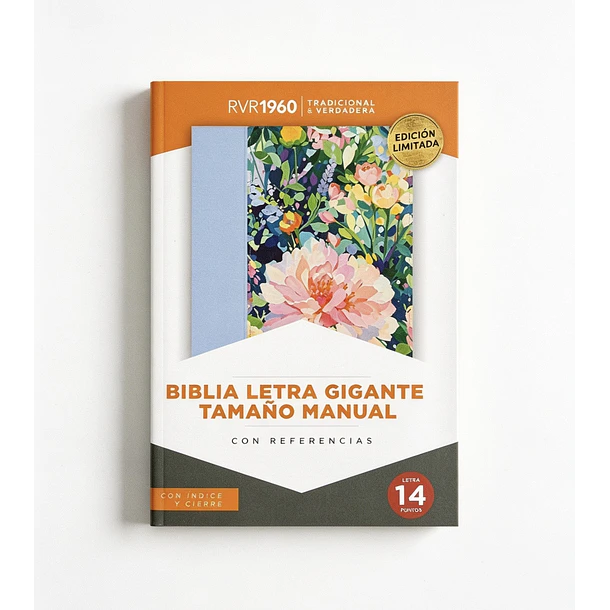 Biblia Letra Gigante Tamaño Manual RVR60 Con Cierre e Índice Celeste Floral 1
