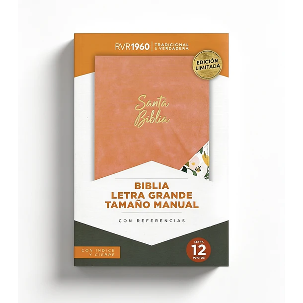 Biblia Tamaño Manual Letra Grande RVR60 Con Índice y Cierre Salmón/Floral 1