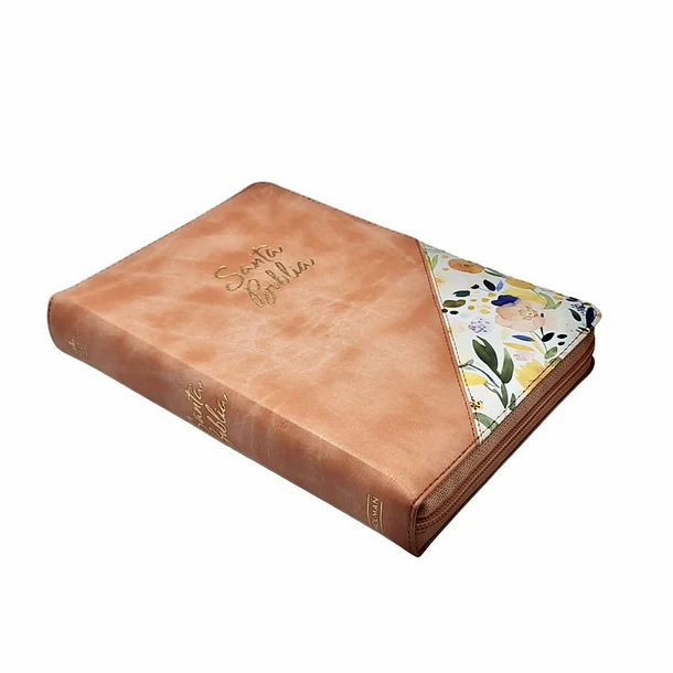 Biblia Tamaño Manual Letra Grande RVR60 Con Índice y Cierre Salmón/Floral 2