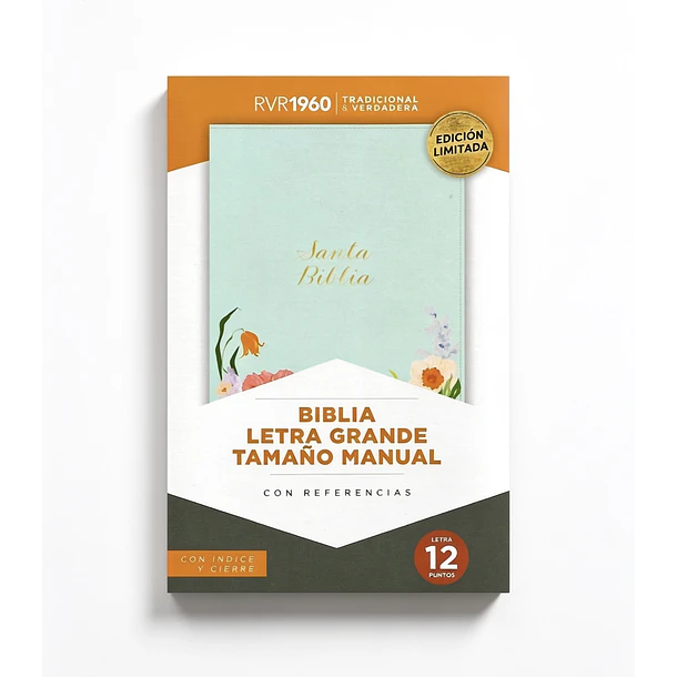 Biblia Tamaño Manual Letra Grande RVR60 Con Índice y Cierre Menta Floral 1