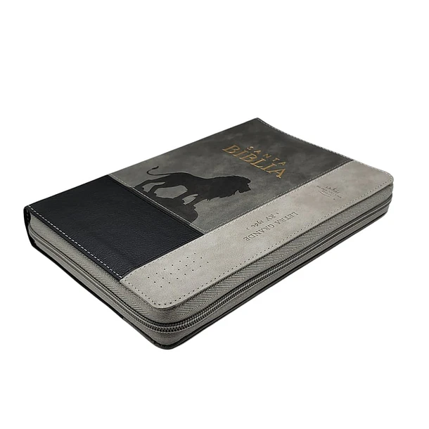Biblia Tamaño Manual Letra Grande RVR60 Con Índice y Cierre Gris/Negro León 2