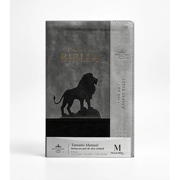 Biblia Tamaño Manual Letra Grande RVR60 Con Índice y Cierre Gris/Negro León 1