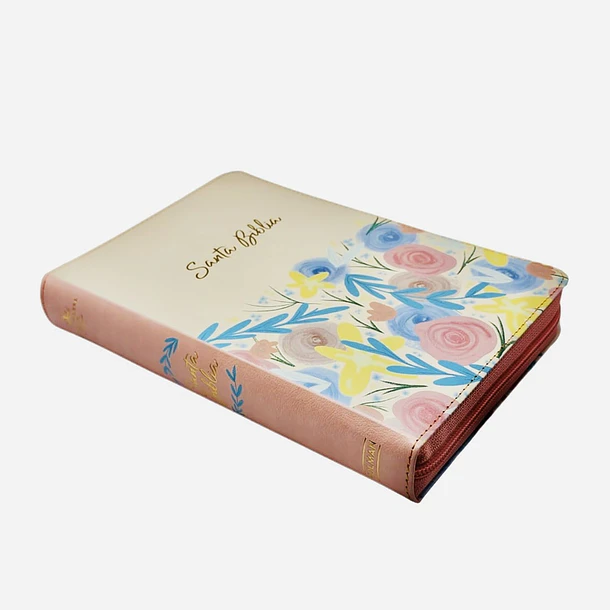 Biblia Tamaño Manual Letra Grande RVR60 Con Índice y Cierre Crema Floral 2