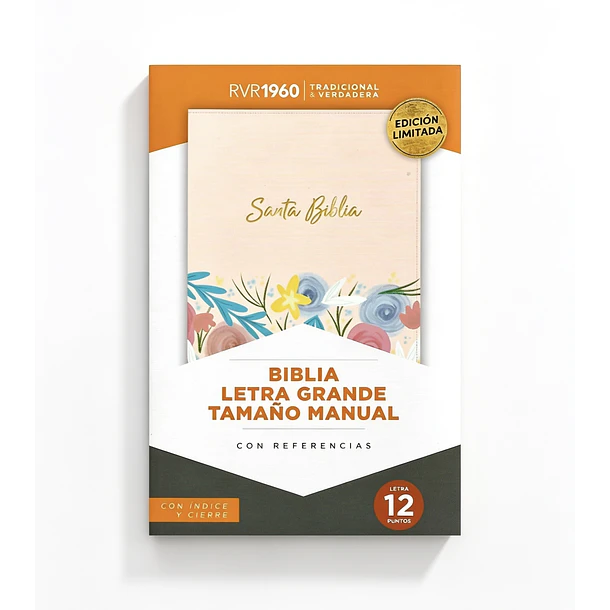 Biblia Tamaño Manual Letra Grande RVR60 Con Índice y Cierre Crema Floral 1