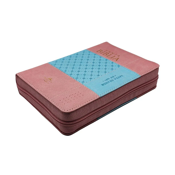 Biblia Tamaño Compacto Letra Grande RVR60 Con Cierre e Índice Rosa/Celeste 2