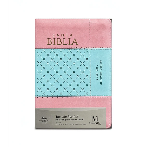 Biblia Tamaño Compacto Letra Grande RVR60 Con Cierre e Índice Rosa/Celeste 1