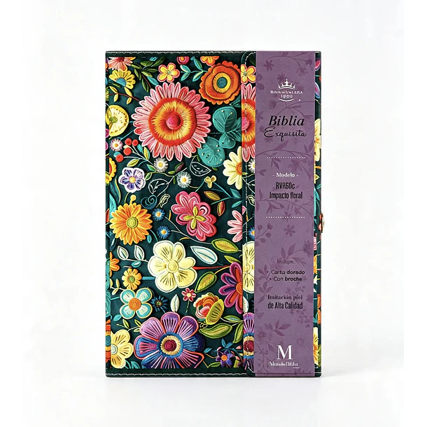 Biblia Tamaño Manual Letra Grande RVR60 Con Asa y Broche Magnetico Floral 1