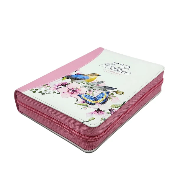 Biblia Tamaño Manual Letra Grande RVR60 Con Cierre e Índice Rosa Primaveral 2