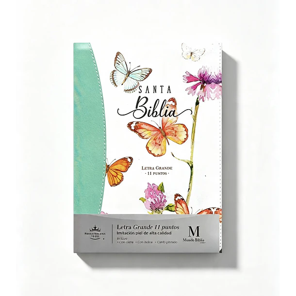 Biblia Tamaño Manual Letra Grande RVR60 Con índice y Cierre Turquesa/Mariposas 1