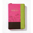 Biblia Tamaño Manual Letra Grande RVR60 Con Índice y Cierre Flores Marrón/Fucsia/Lima 1