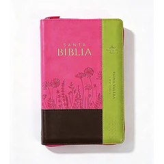 Biblia Tamaño Manual Letra Grande RVR60 Con Índice y Cierre Flores Marrón/Fucsia/Lima