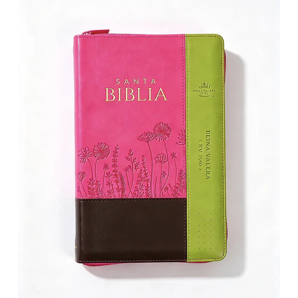 Biblia Tamaño Manual Letra Grande RVR60 Con Índice y Cierre Flores Marrón/Fucsia/Lima 1