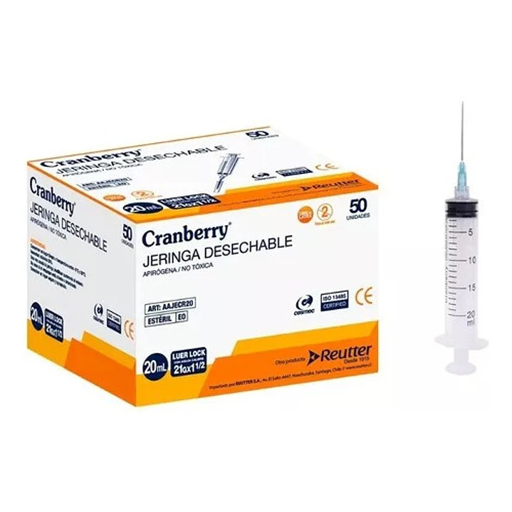 Jeringa Desechable Luer Lock 20ml 21g X 1 1/2 Caja X50  2