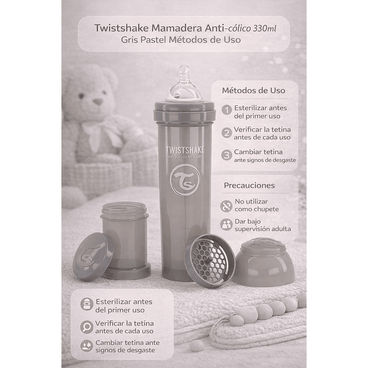 Mamadera Anticolico Twistshake 11oz 330ml Gris Pastel  4