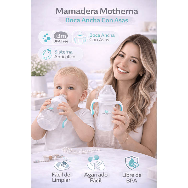 Mamadera Boca Ancha Con Asas Motherna +3m Bpa Free Color Blanco 6