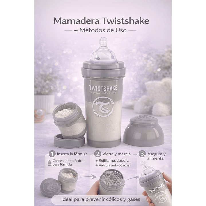 Mamadera Twistshake Anti-cólico 260ml Gris Pastel  4