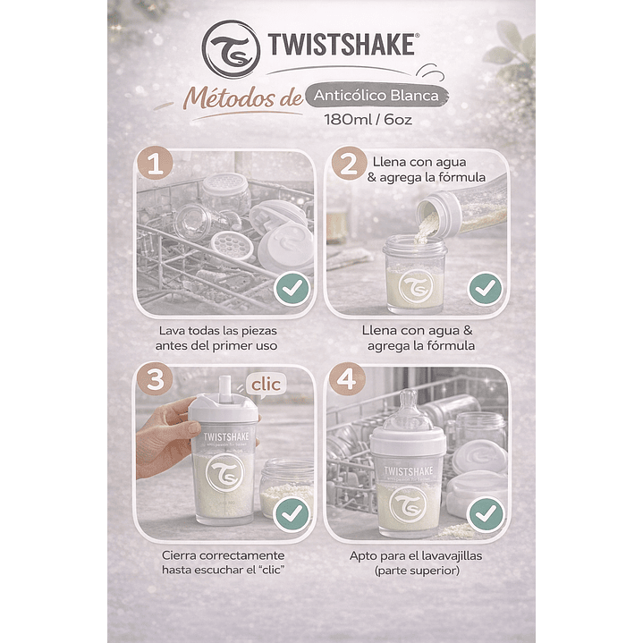 Twistshake Mamadera Anticólicos 6oz 180m Blanco | Biberón  6