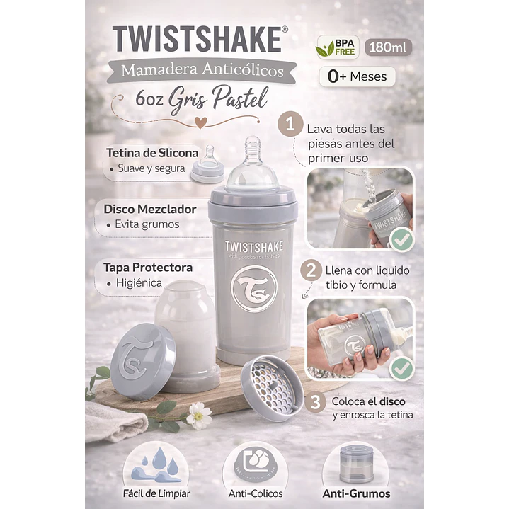  Twistshake  Mamadera Anticólicos 6oz Gris Pastel | Biberón 5