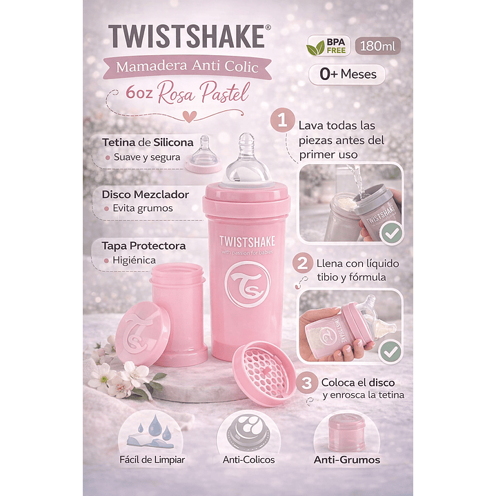  Twistshake Mamadera  Anti Colic 6oz Rosa P | Biberón  5