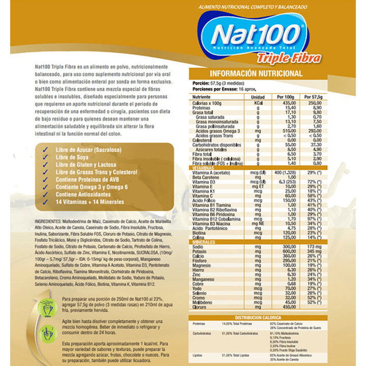 Nat 100 Triple Fibra Sabor Vainilla 900g Pack x4 4