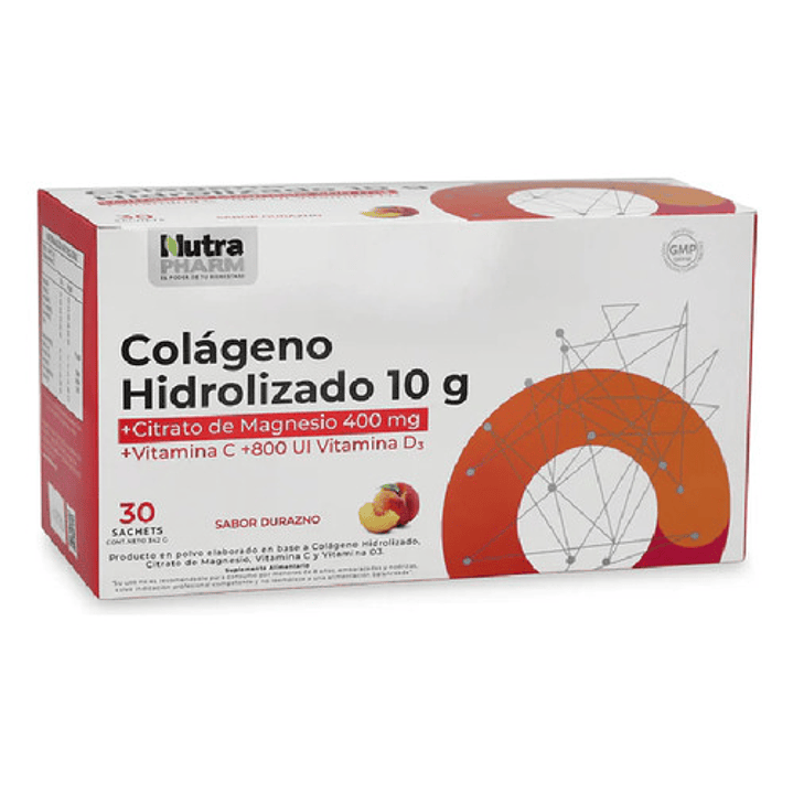 Cólageno + Citrato de Magnesio + Vitamina C + Vitamina D3 Sabor Durazno Caja x30 Sobres Pack x3 2