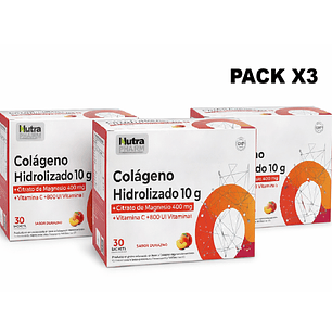 Cólageno + Citrato de Magnesio + Vitamina C + Vitamina D3 Sabor Durazno Caja x30 Sobres Pack x3