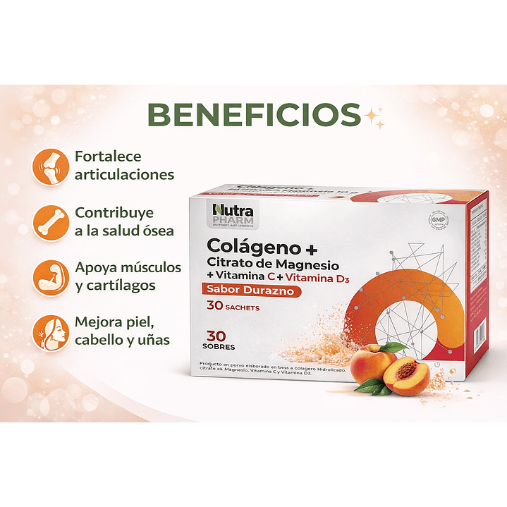 Cólageno + Citrato de Magnesio + Vitamina C + Vitamina D3 Sabor Durazno Caja x30 Sobres Pack x6 5
