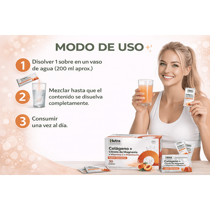 Cólageno + Citrato de Magnesio + Vitamina C + Vitamina D3 Sabor Durazno Caja x30 Sobres Pack x6 6
