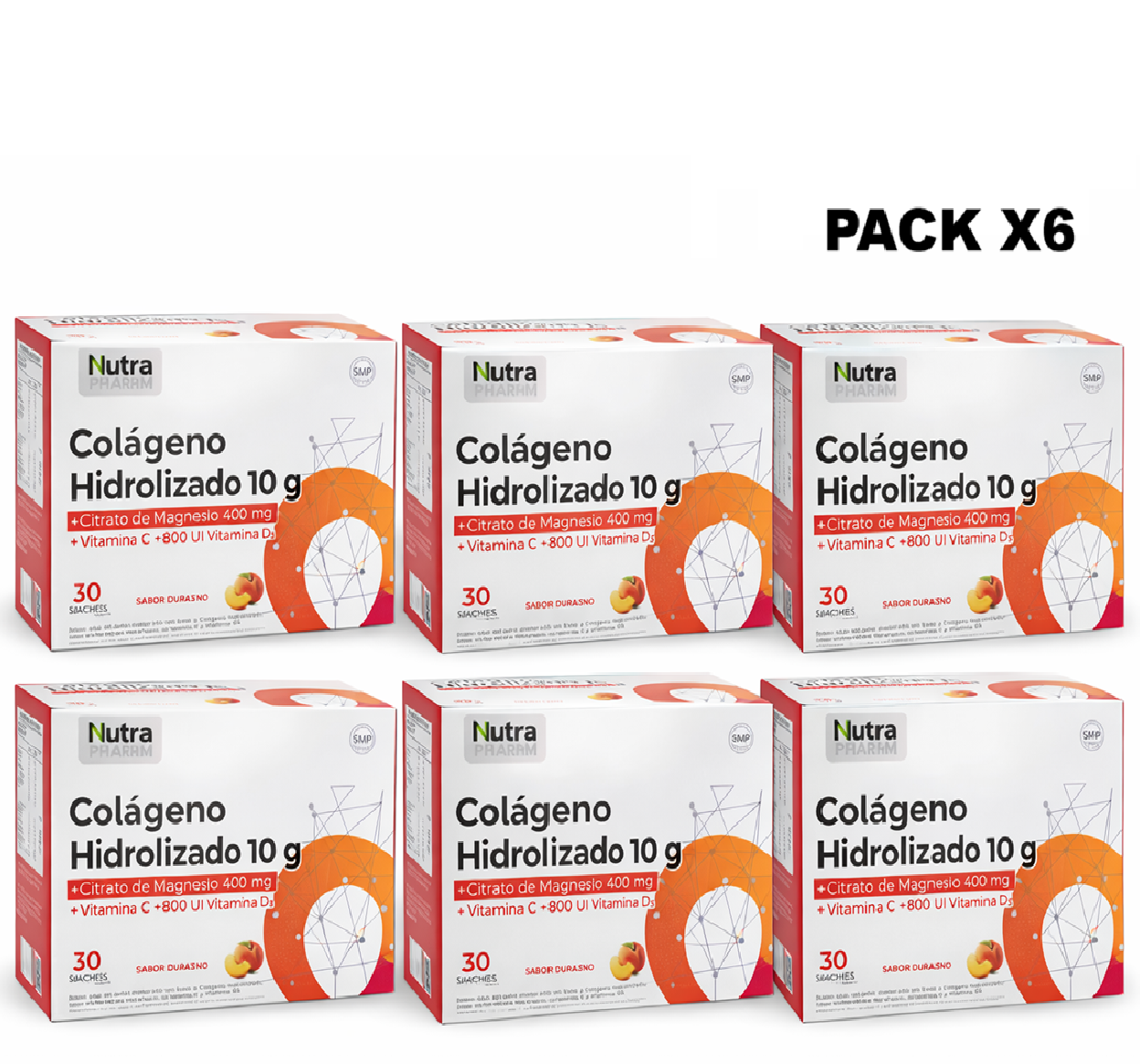 Cólageno + Citrato de Magnesio + Vitamina C + Vitamina D3 Sabor Durazno Caja x30 Sobres Pack x6