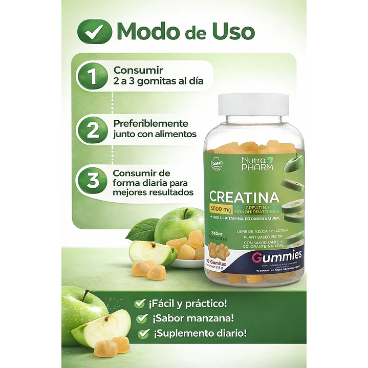 Creatina Gummies 90 Gomitas + Vit D Nutrapharm Manzana Manzana 4
