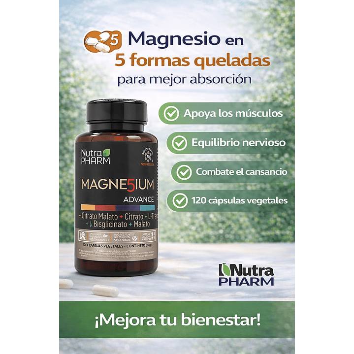 Nutrapharm Magnesium Advance 120 Caps 5 Magnesios Quelados Sabor Sin Sabor 3