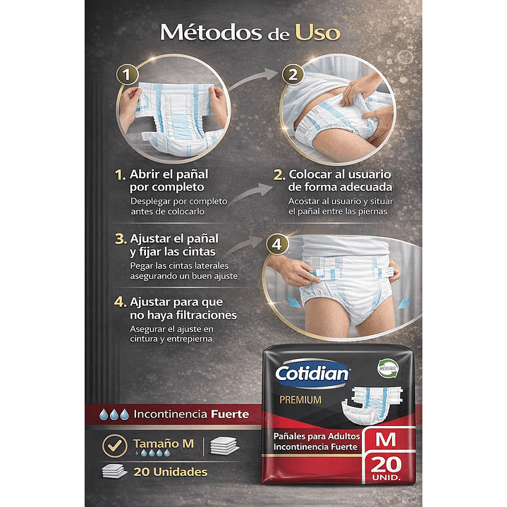 Pañales Cotidian Premium Incontinencia Fuerte Talla M x20 Pack x4 6
