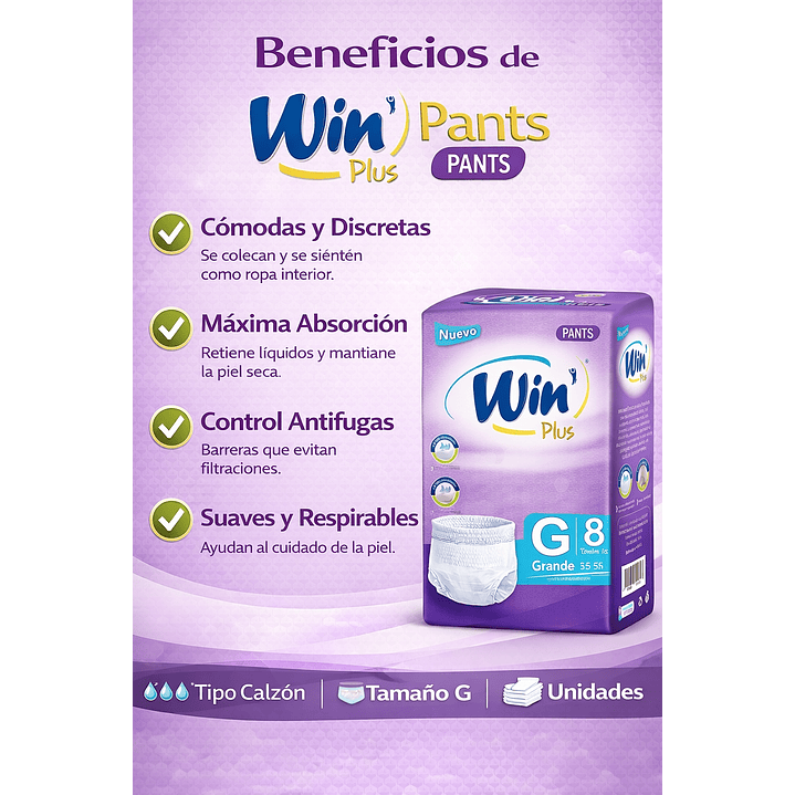 Pañales Win Plus Pants Tipo Calzon Talla G x8 3