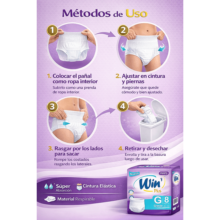 Pañales Win Plus Pants Tipo Calzon Talla G x8 4