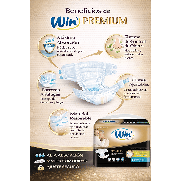  Pañales Adultos Win Premium Alta Absorción Talla M x20 Pack x3 5