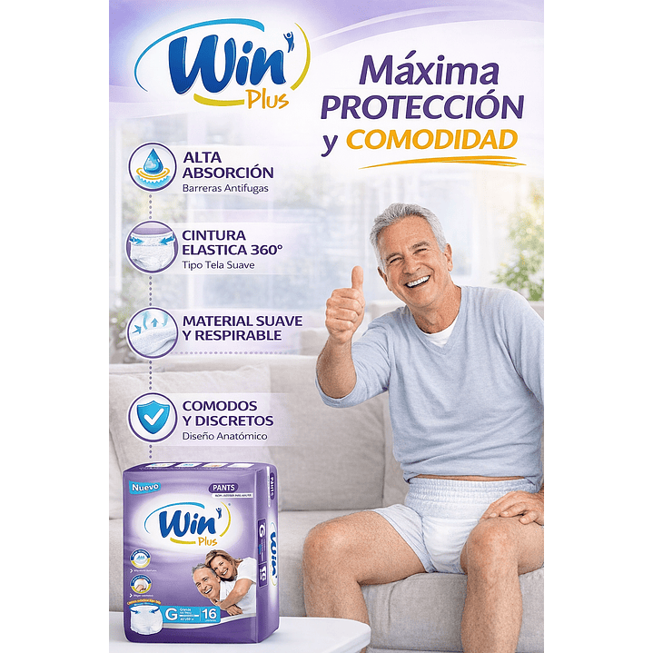 Pañales Win Plus Pants Adulto Alta Absorción Talla G x16  3