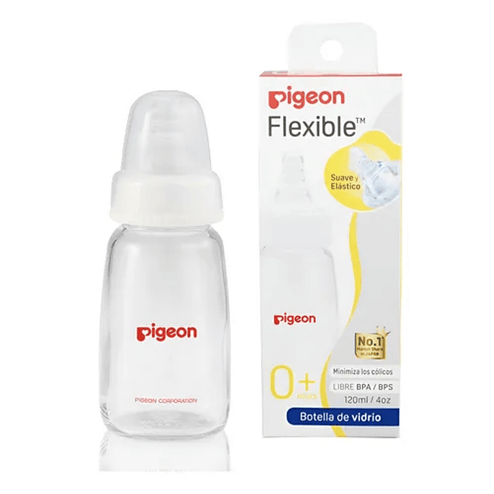Biberon Mamadera Pigeon Flujo Lento 0-6 Meses Vidrio 120ml Transparente 1