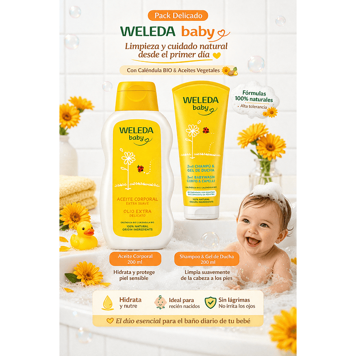  Kit Weleda Baby Shampoo Calendula 200 ml + Baño De Crema Calendula 200 ml  4