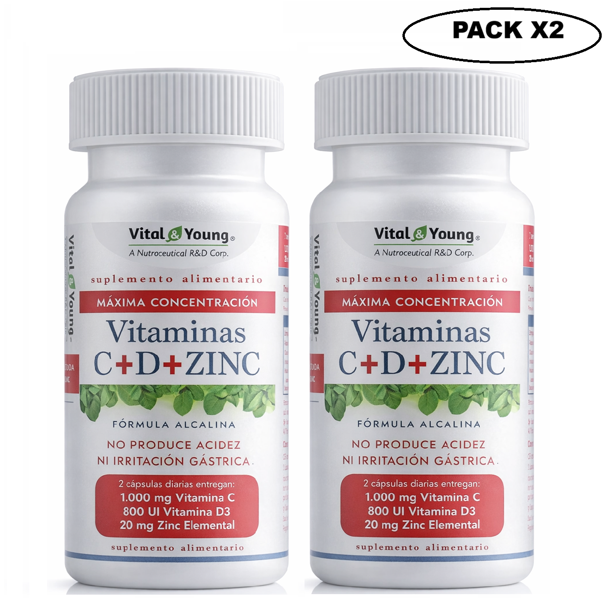 Vitamina C + D + Zinc Vital & Young X60 Cápsulas Pack x2