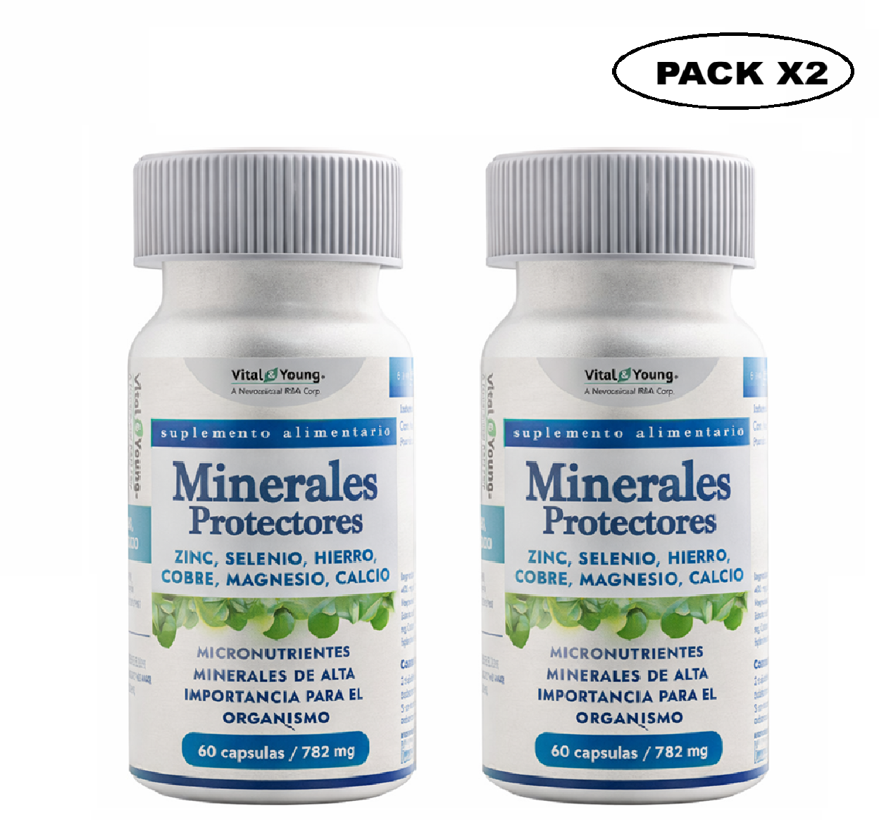 Minerales Protectores Zn Se Fe Cu Mg Ca 60 Cápsulas 782 mg Vital & Young Pack x2