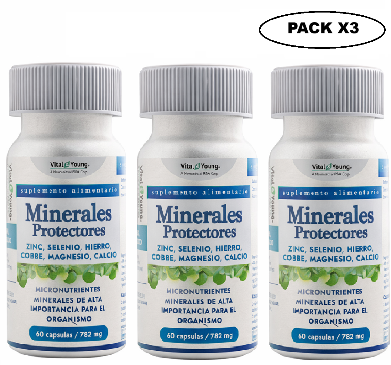 Minerales Protectores Zn Se Fe Cu Mg Ca 60 Cápsulas 782 mg Vital & Young Pack x3