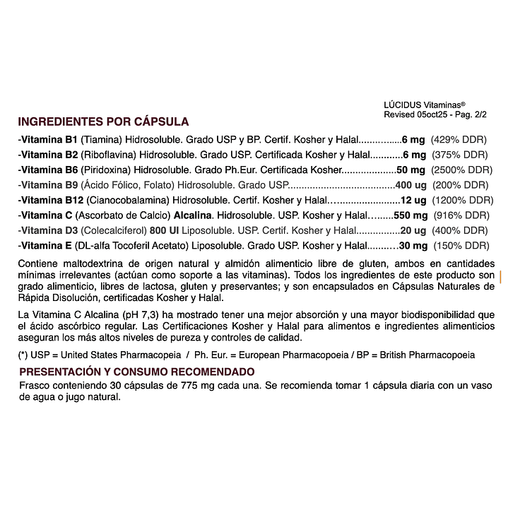 Lucidus Vitaminas 30 Cápsulas 775 mg Energía y Salud Pack x2 9