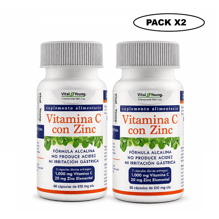Vitamina C con Zinc 60 Cápsulas 610 mg Alcalina Pack x2 1