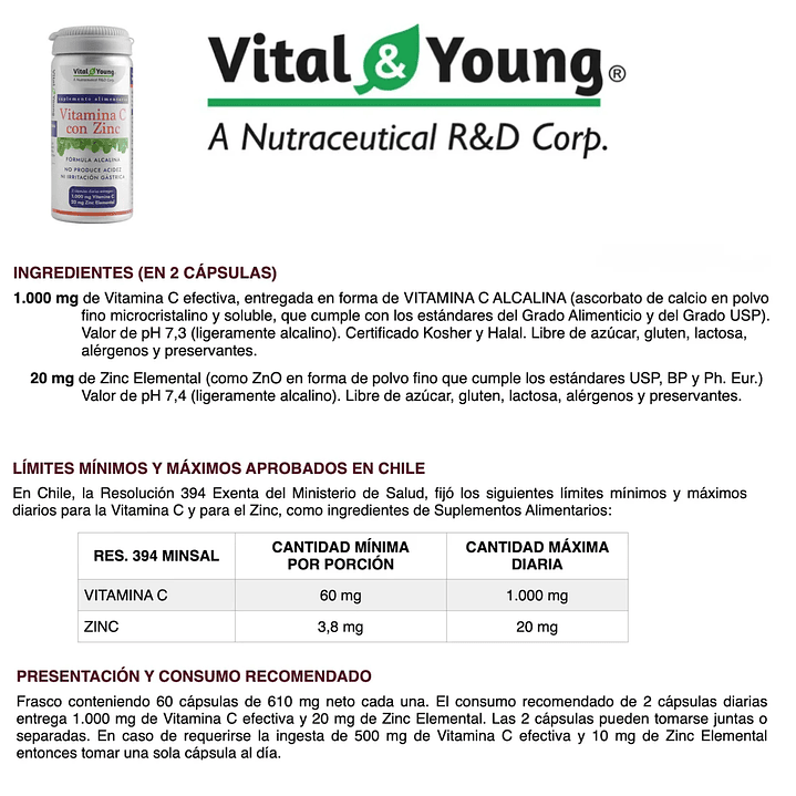 Vitamina C con Zinc 60 Cápsulas 610 mg Alcalina Pack x3 6