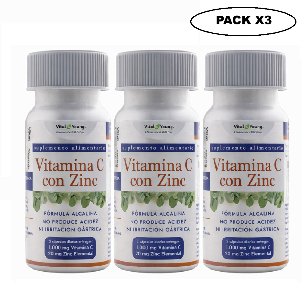 Vitamina C con Zinc 60 Cápsulas 610 mg Vital & Young Alcalina Pack x3