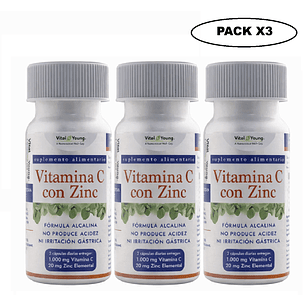 Vitamina C con Zinc 60 Cápsulas 610 mg Alcalina Pack x3